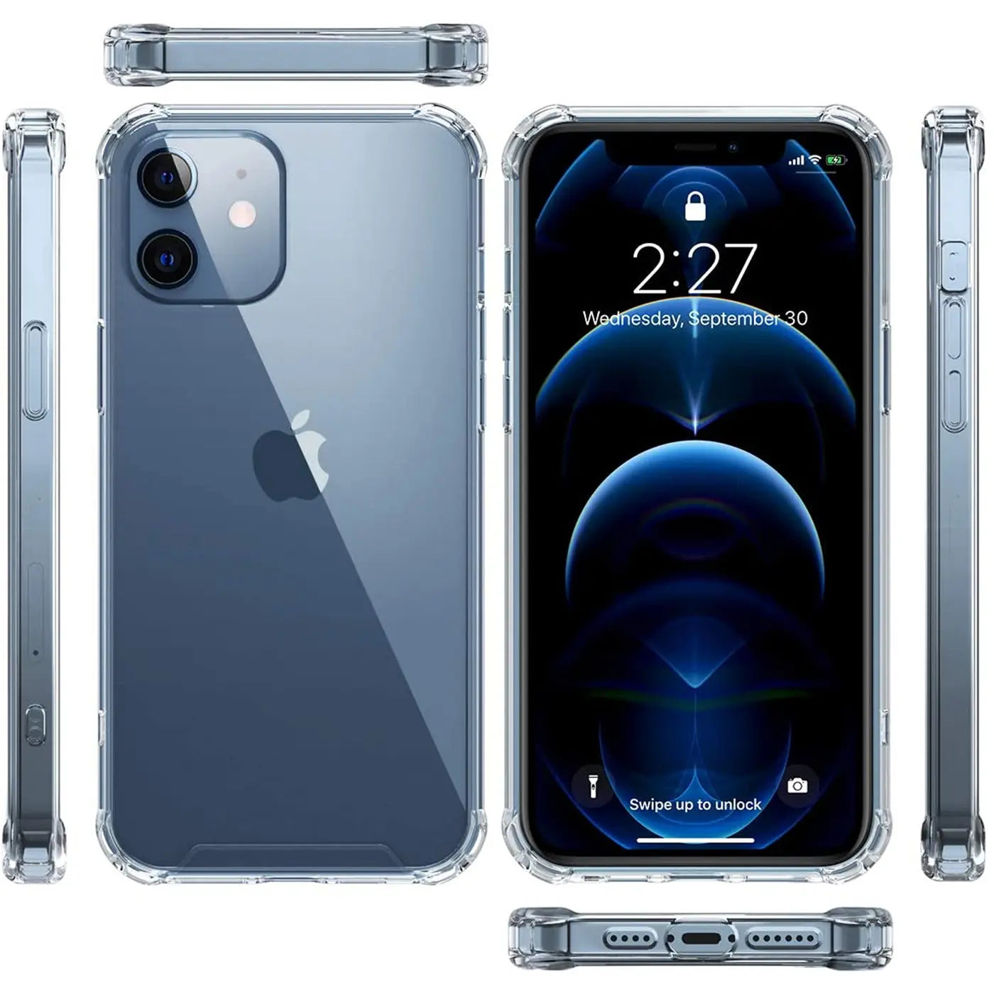 iPhone 12 Mini in klarer Hülle, Vorder- und Rückansicht, Seitenansicht, Draufsicht.