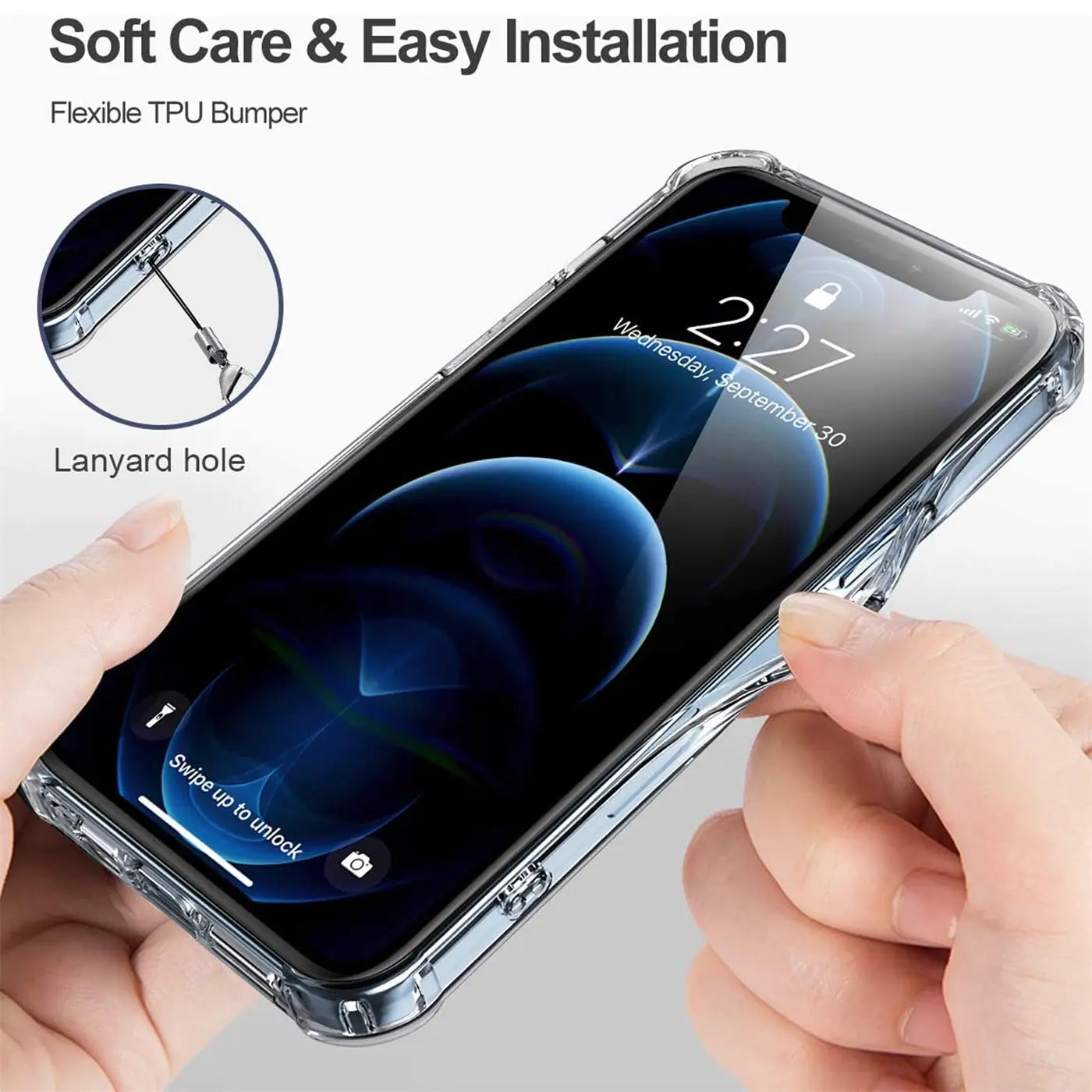 Transparente TPU-Hülle für iPhone 12 Mini, von vorne oben, mit Lanyard-Öse.