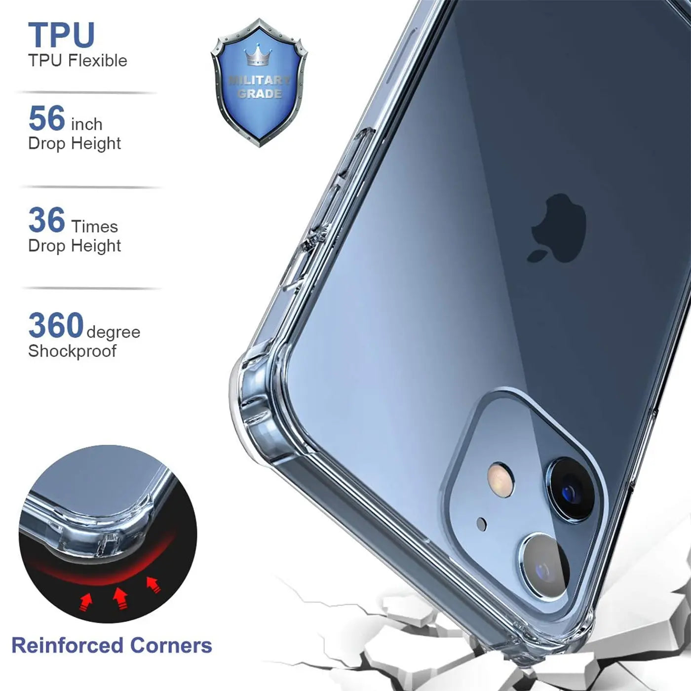 Klar, transparente TPU-Hülle mit verstärkten Ecken auf einem iPhone 12 Mini, von schräg oben.