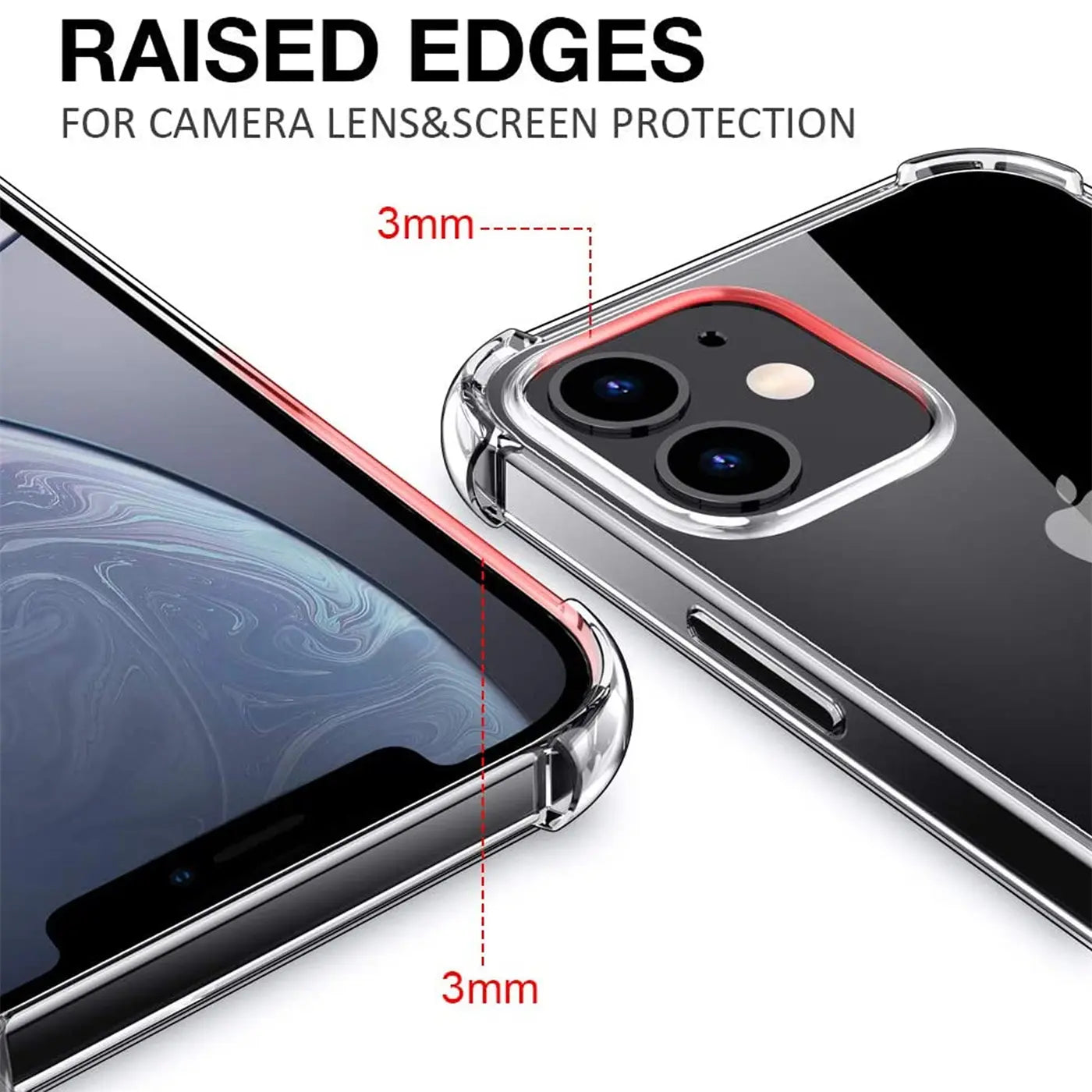 iPhone 12 Pro Max Hülle, transparent, Nahaufnahme, zeigt erhöhte Kanten für Kamera und Display.