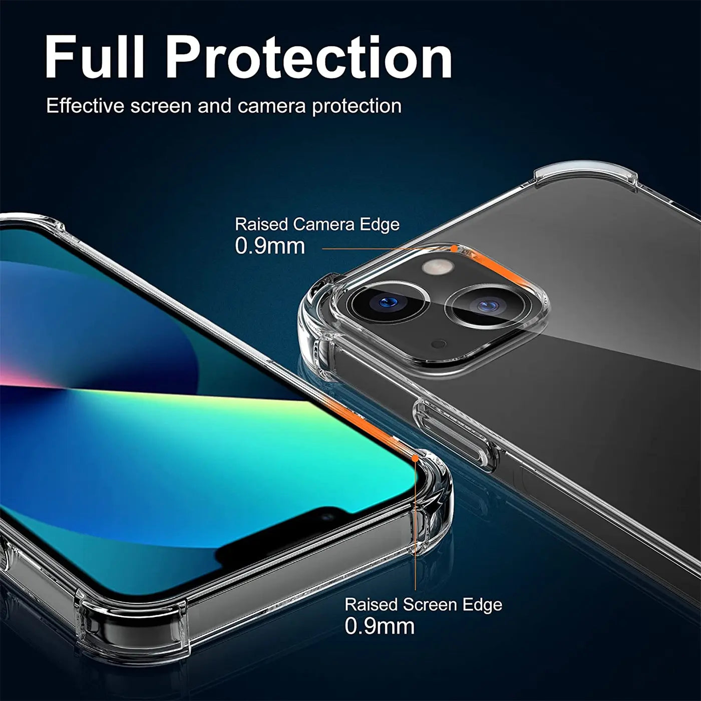 Klarer Hülle aus Kunststoff, zeigt iPhone 13 mit erhöhten Kanten für Kamera und Bildschirm.