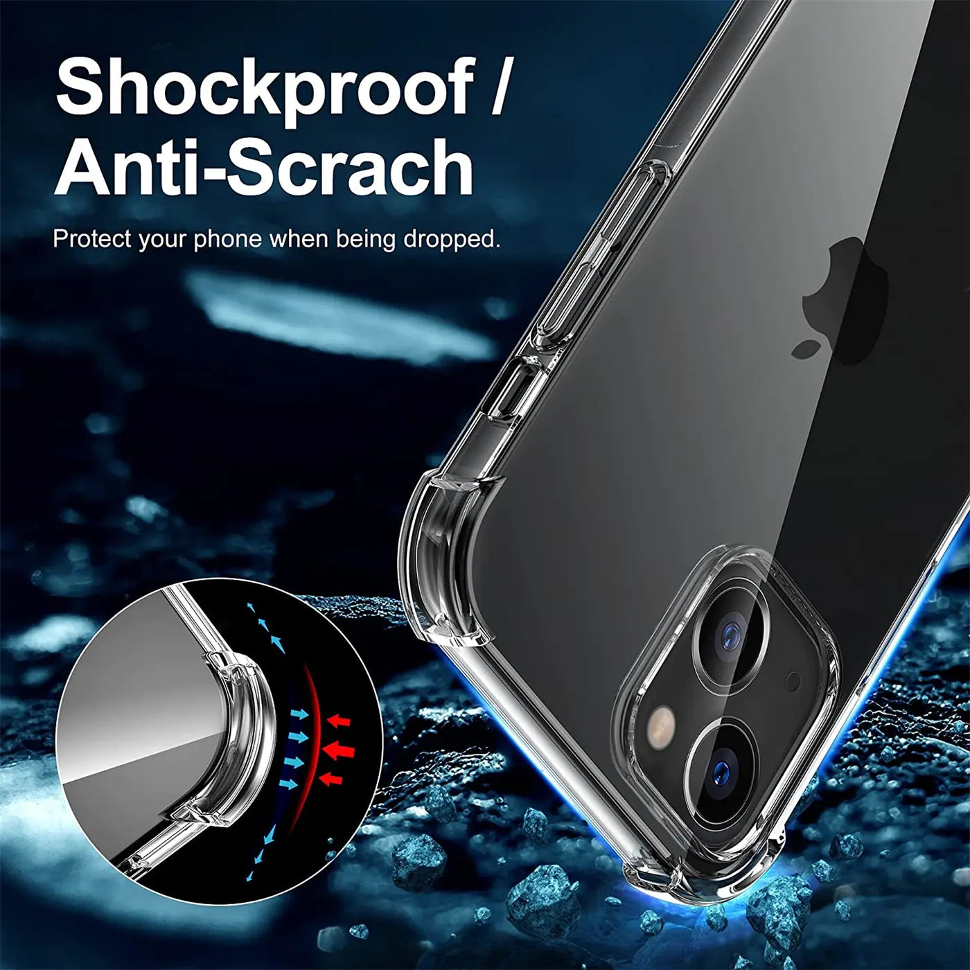 Transparente, stoßfeste Hülle aus Kunststoff, Nahaufnahme, iPhone 13 mit Kamera.