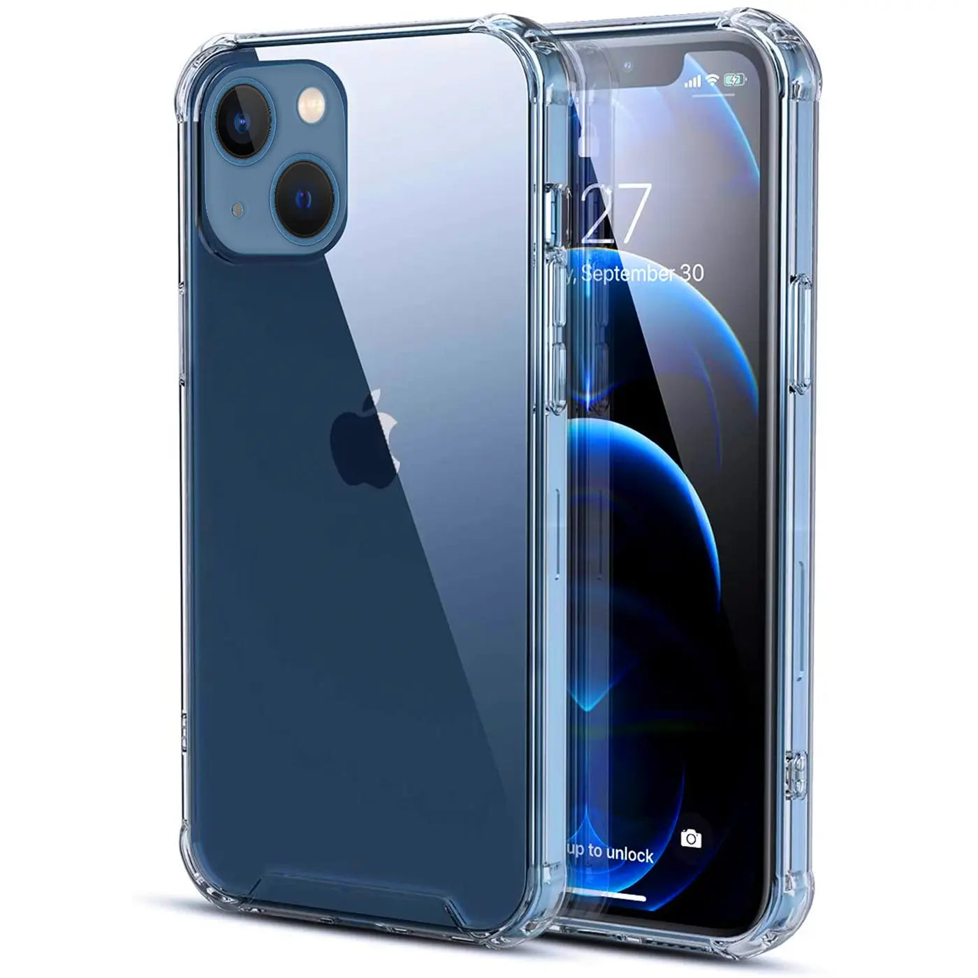 Klar transparente Hülle aus Kunststoff mit verstärkten Ecken, zeigt iPhone 13 Mini von vorne und hinten.