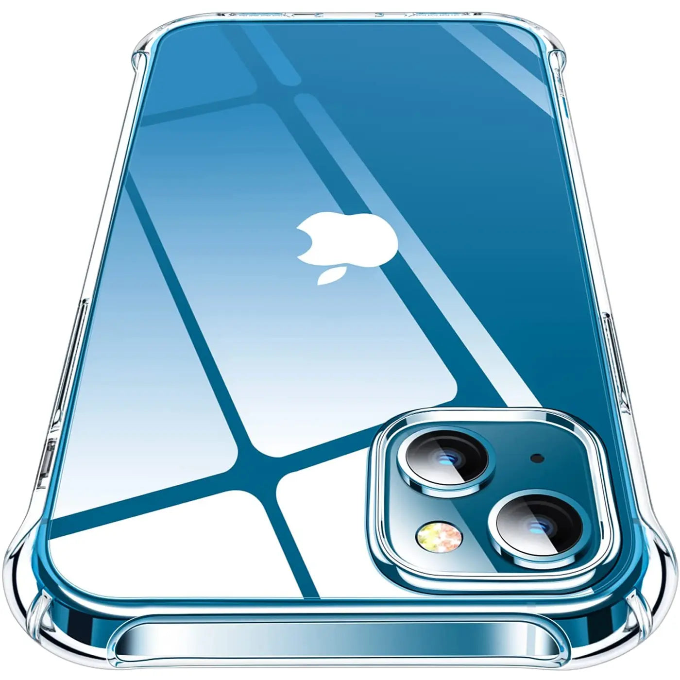 iPhone 13 Mini in transparenter Hülle, von oben schräg, mit Apple-Logo.