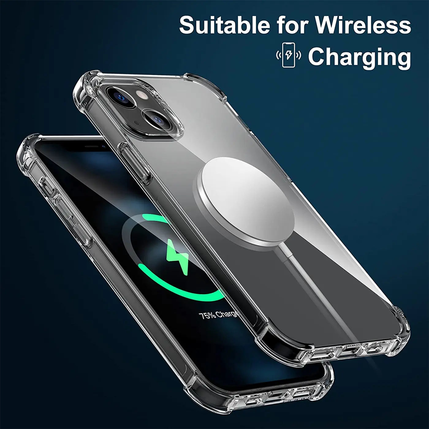 Transparente Hülle aus Kunststoff auf einem iPhone 13 Mini, Nahaufnahme, MagSafe-Ladegerät.