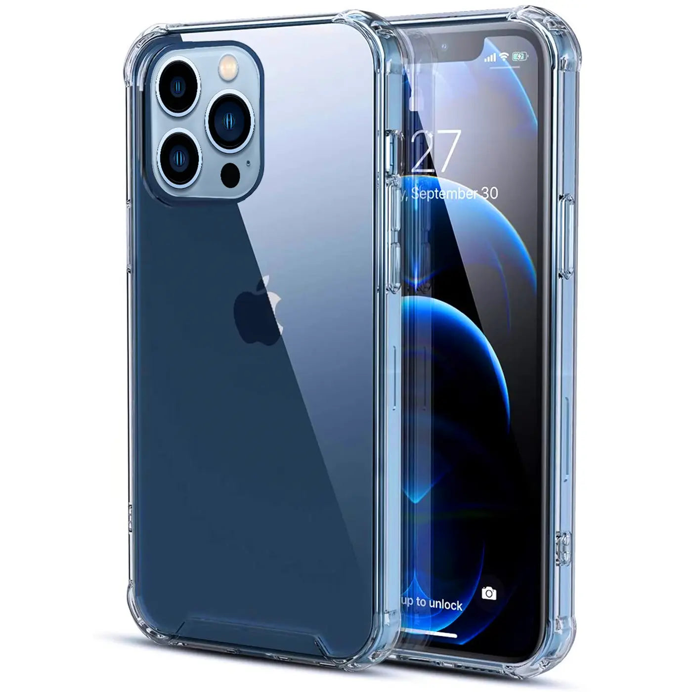 iPhone 13 Pro in transparenter Hülle, von vorne und hinten, aus Kunststoff.