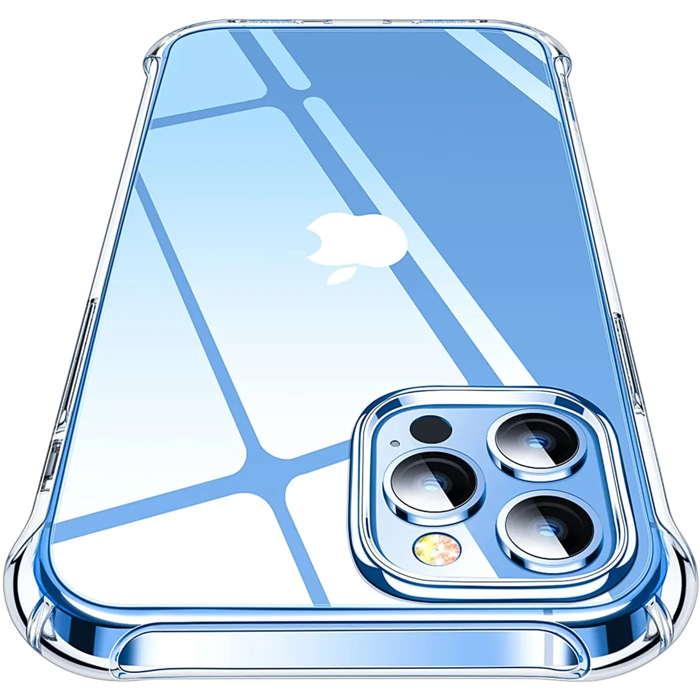 Transparente Hülle aus Kunststoff, von schräg oben, zeigt iPhone 13 Pro Rückseite mit Kameras.