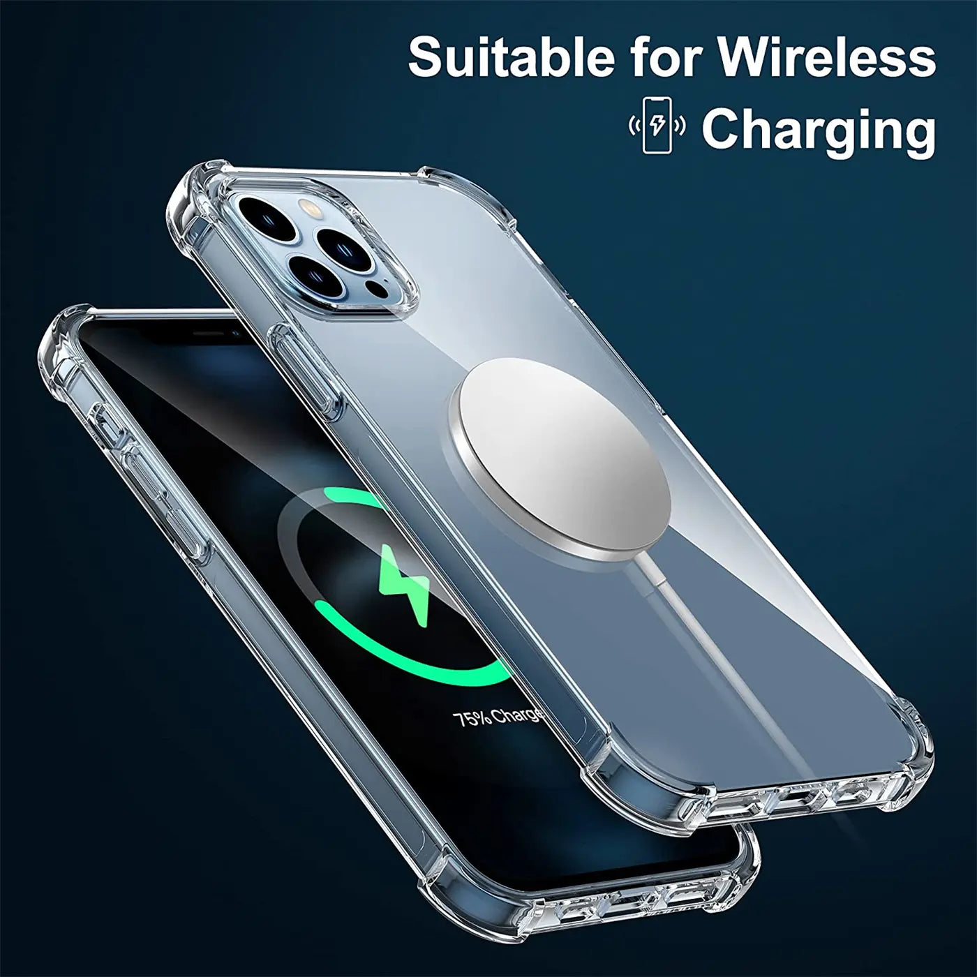 Klar transparente Hülle aus Kunststoff auf iPhone 13 Pro, mit MagSafe-Ladegerät.