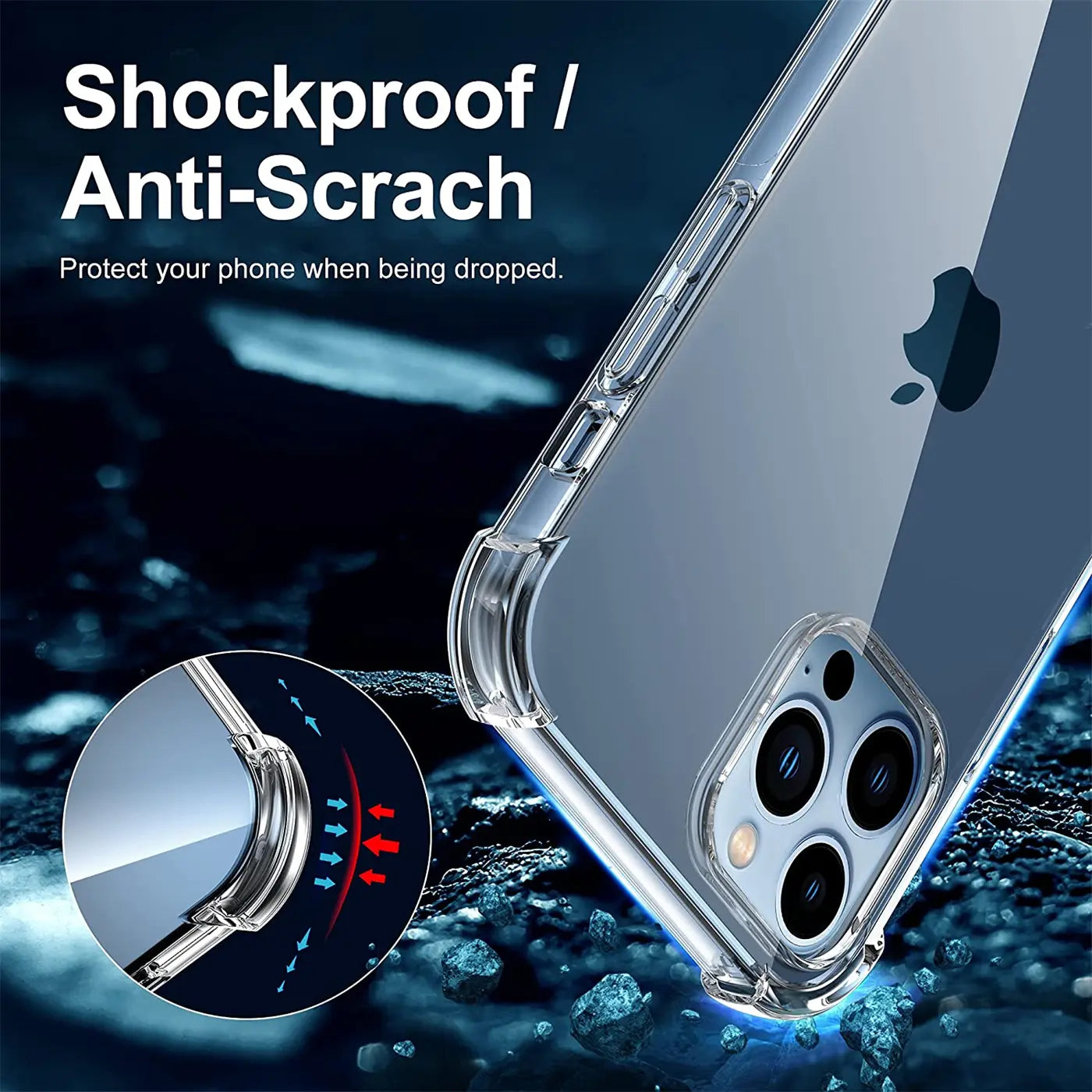 Transparente, stoßfeste Hülle aus Kunststoff, schräg von vorne, zeigt iPhone 13 Pro.