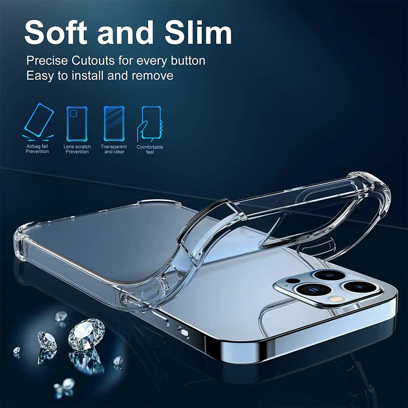 Transparente Hülle aus Kunststoff, schützt iPhone 13 Pro Max. Von schräg oben.