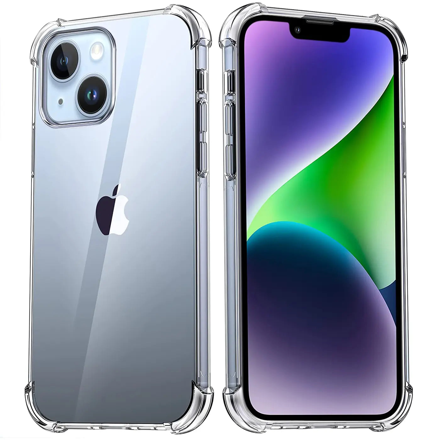 iPhone 14 in klarer, stoßfester Hülle, Rückseite und Vorderseite von vorne, aus Kunststoff.