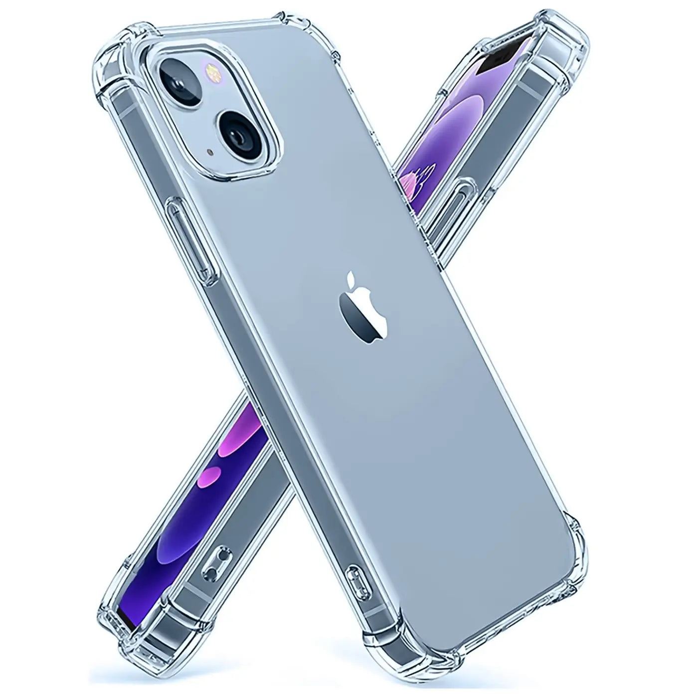 Klar, stoßfeste Hülle aus transparentem Material, schützt iPhone 14 Plus, aus der Vogelperspektive.