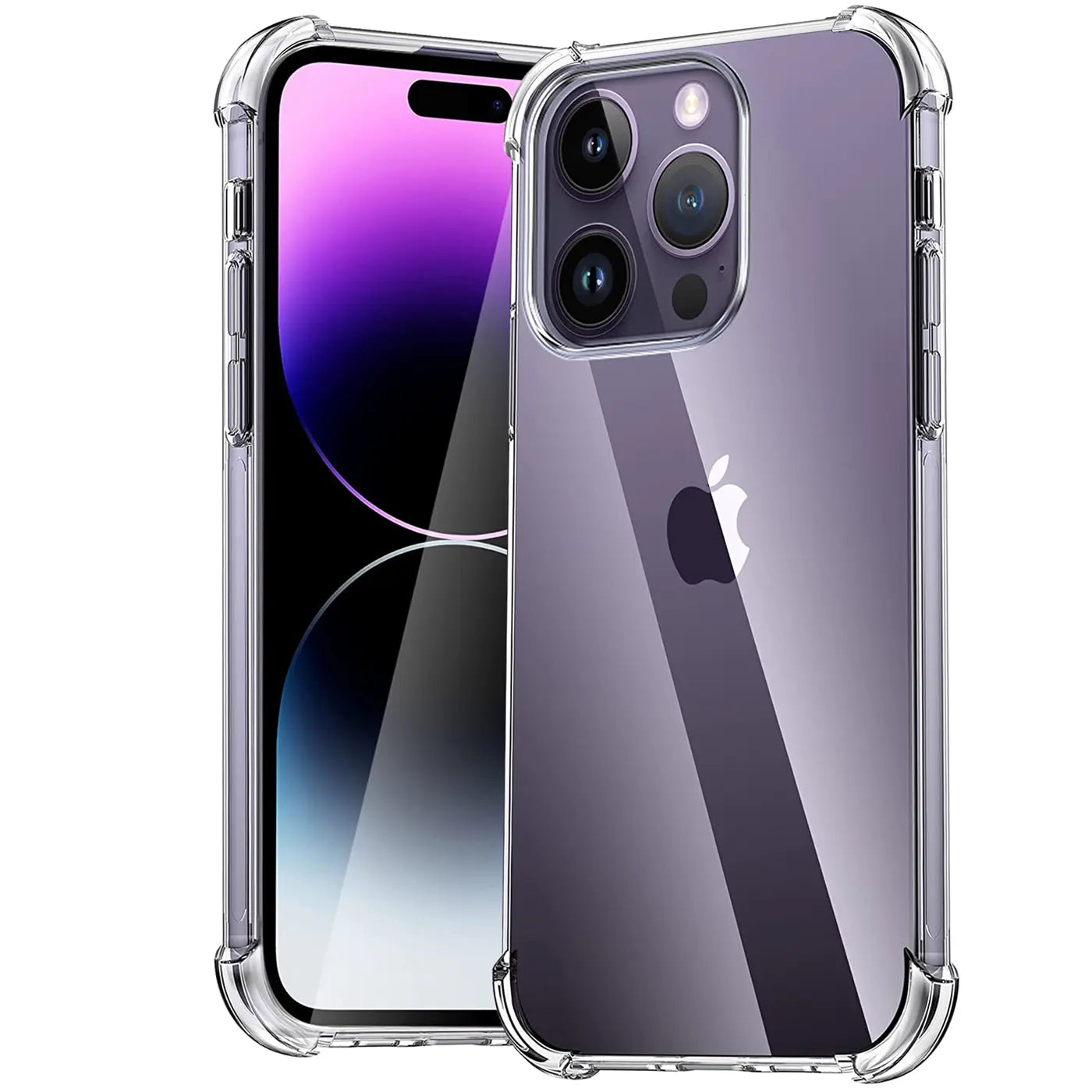 iPhone 14 Pro in klarer Hülle aus Kunststoff, von vorne und hinten gezeigt, mit verstärkten Ecken.