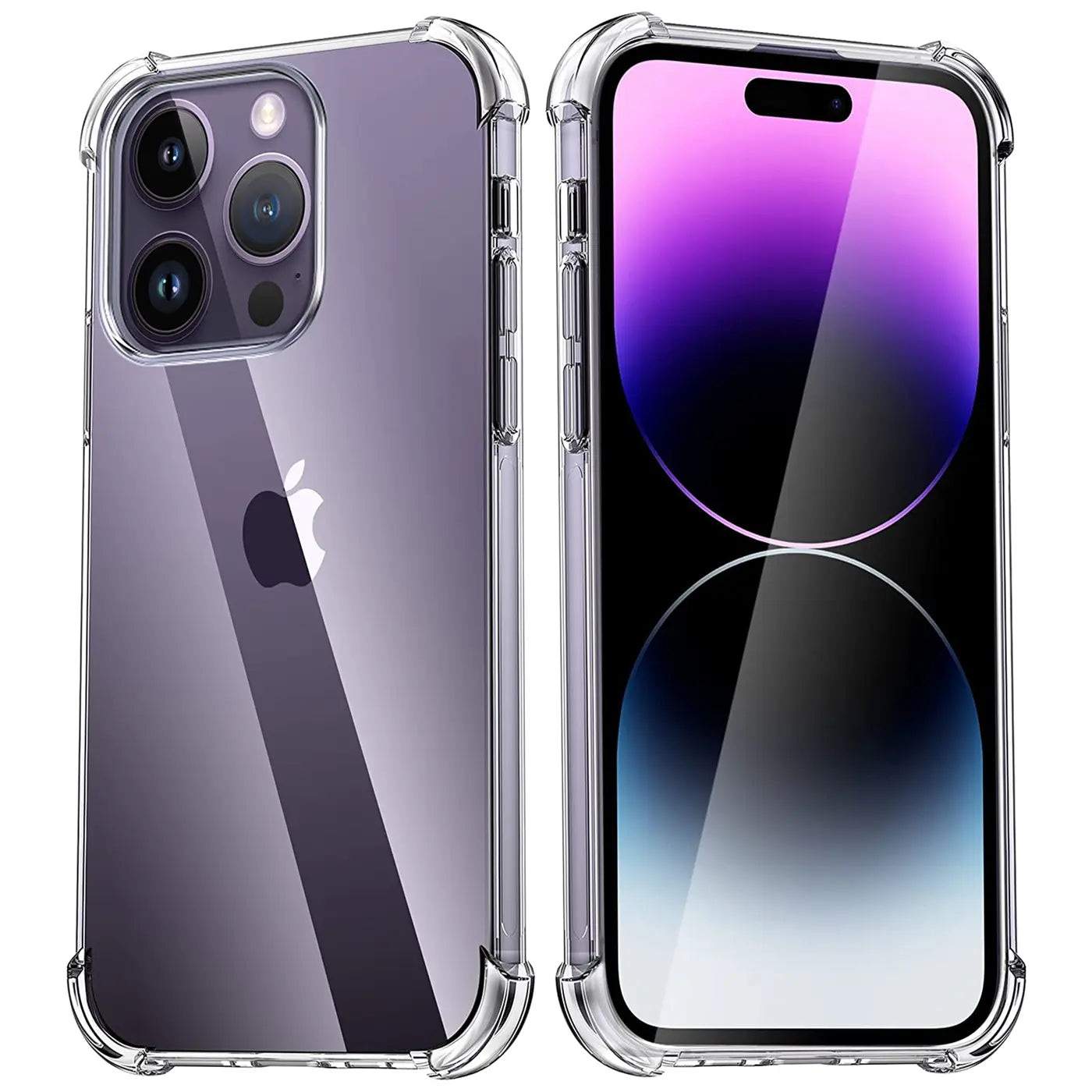 iPhone 14 Pro in klarer, stoßfester Hülle, Vorder- und Rückansicht, aus Kunststoff.