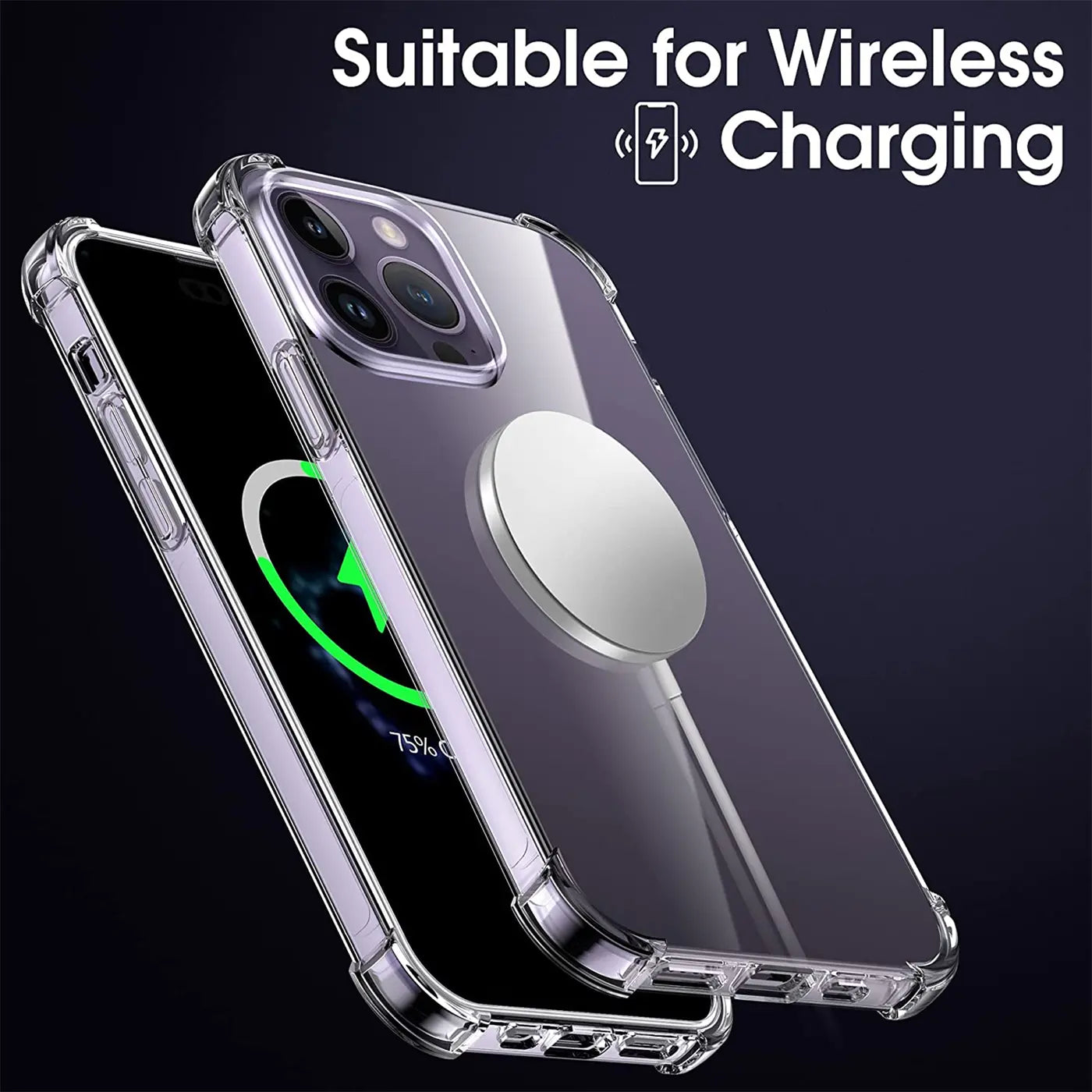 Klar, stoßfeste Hülle aus transparentem Material auf iPhone 14 Pro, Nahaufnahme.