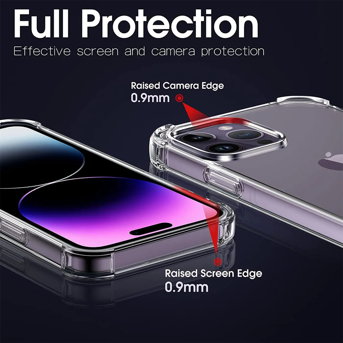 Klar transparente Hülle aus Kunststoff, zeigt iPhone 14 Pro Max, Nahaufnahme.