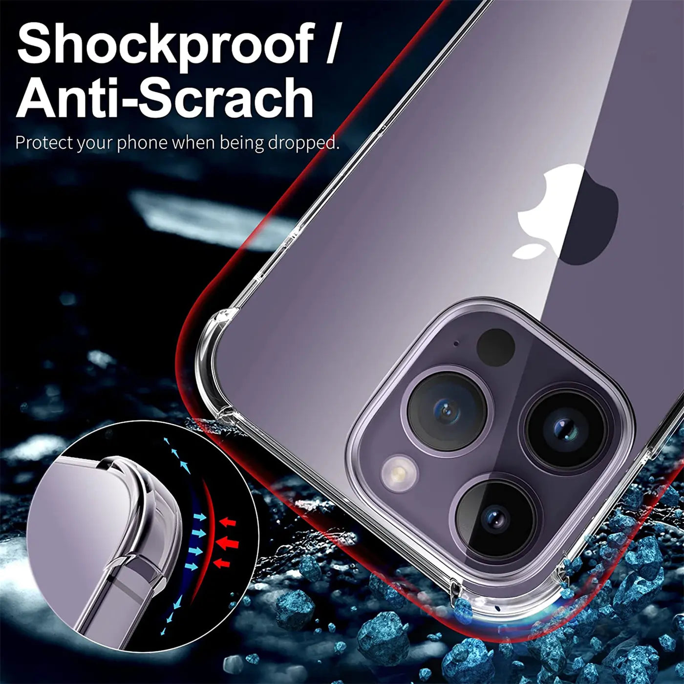 Klar transparente Hülle aus Kunststoff, zeigt iPhone 14 Pro Max, Nahaufnahme von hinten.