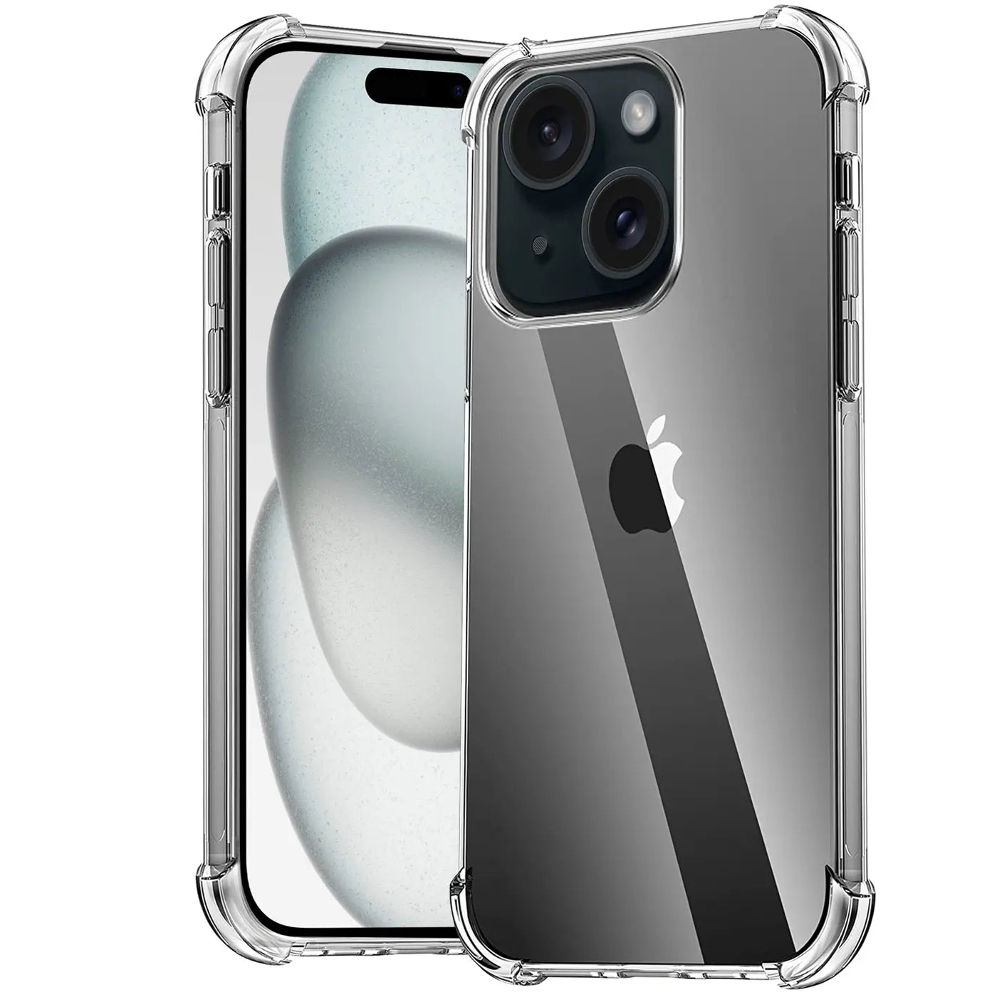 Transparente, stoßfeste Hülle aus Kunststoff, von vorne/seitlich, zeigt iPhone 15.