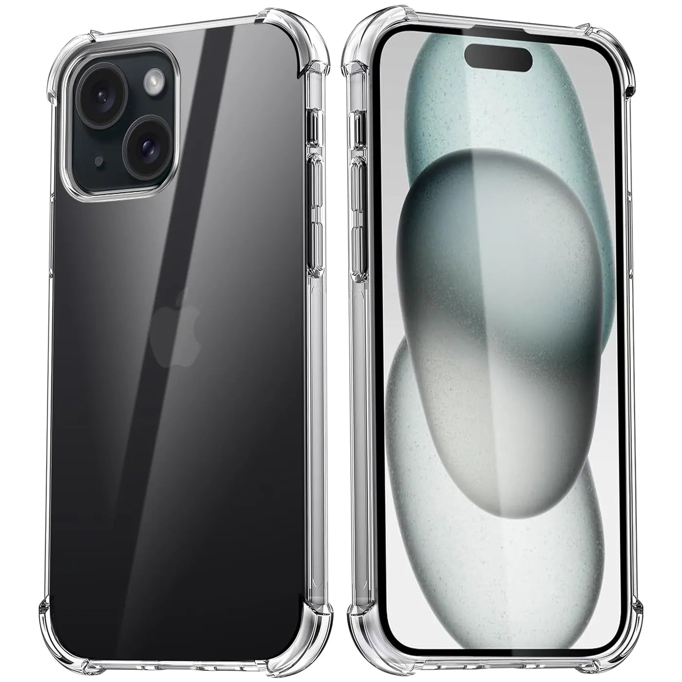 Transparente Hülle aus Kunststoff für iPhone 15, Rück- und Vorderansicht, stoßfest.