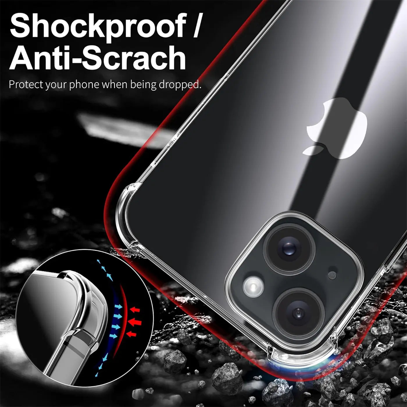Klar transparente Hülle aus Kunststoff, schützt iPhone 15, Nahaufnahme der Rückseite.