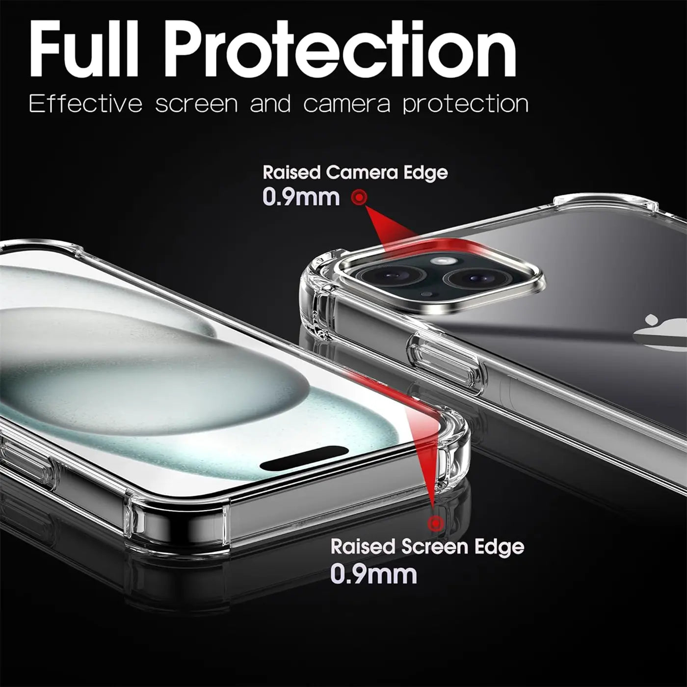 Transparente Hülle aus Kunststoff zeigt iPhone 15 Plus, Nahaufnahme, von vorne und hinten.