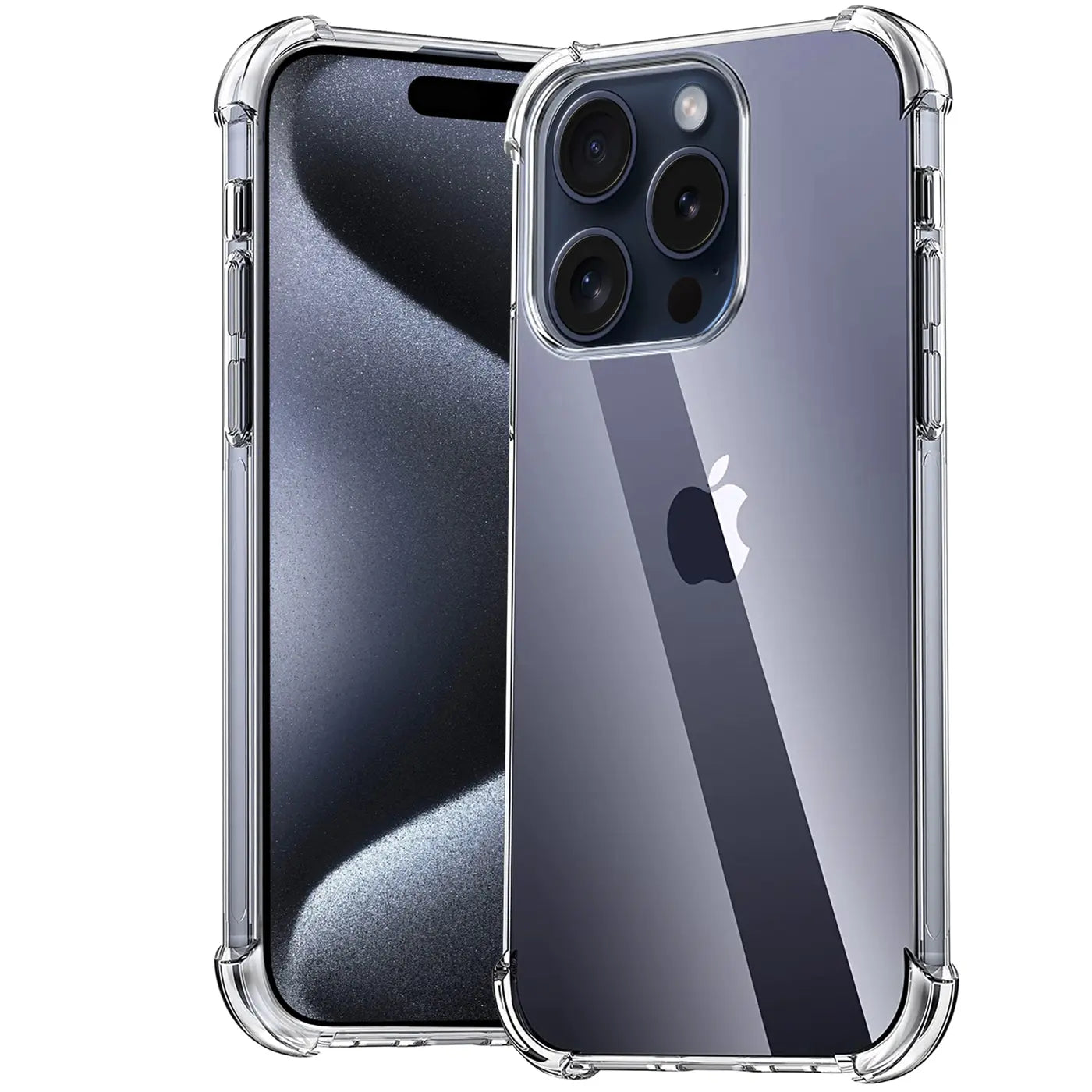 Klar transparente Hülle aus Kunststoff, schützt iPhone 15 Pro mit verstärkten Ecken.