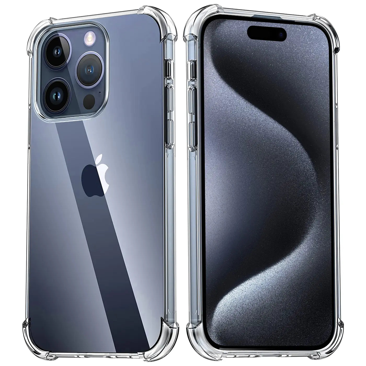 iPhone 15 Pro in klarer Hülle, Rückseite und Vorderseite, transparentes TPU, Stoßschutz