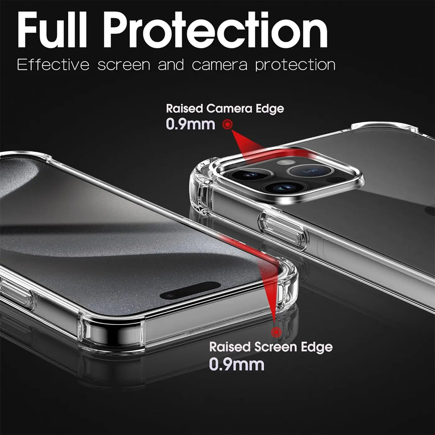 Transparente Hülle aus Kunststoff, Nahaufnahme, zeigt iPhone 15 Pro mit erhöhten Kanten.
