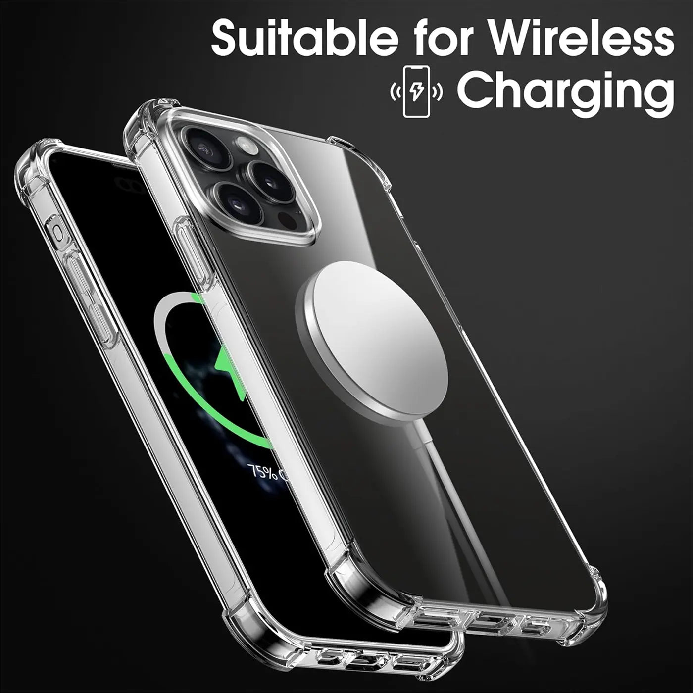 Klar, transparentes iPhone 15 Pro Case mit MagSafe-Ladegerät, Seitenansicht.