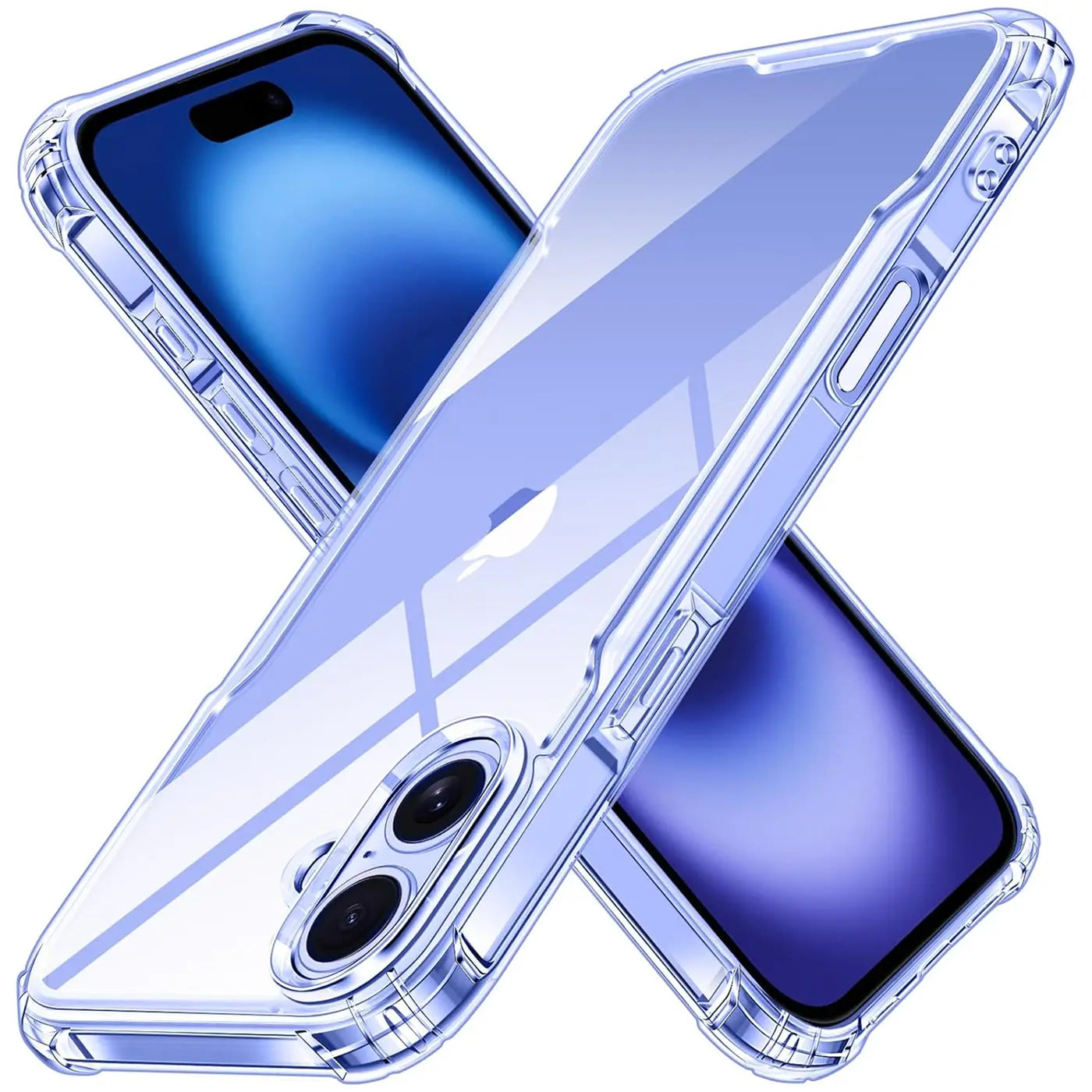 Transparente Hülle aus Kunststoff, schützt iPhone 16, von vorne schräg fotografiert.