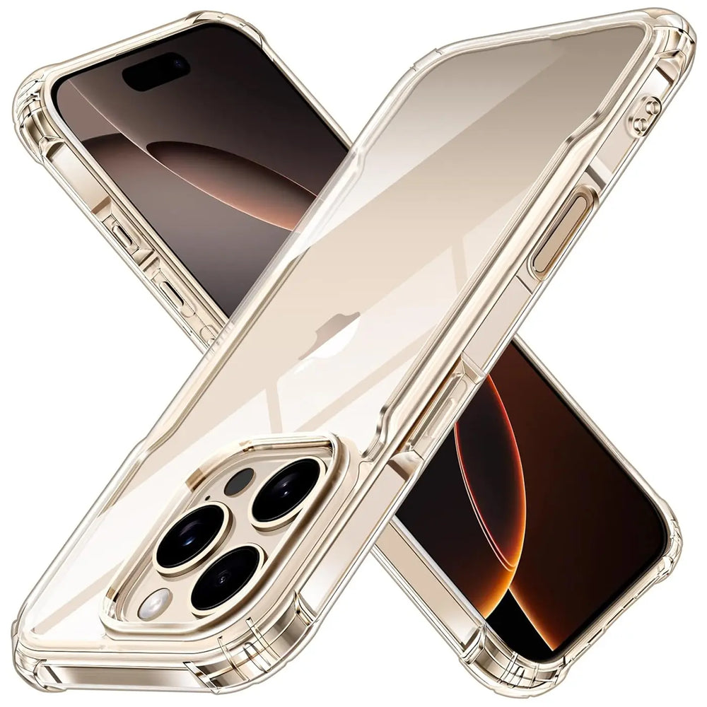 Transparente Hülle aus Kunststoff, schräg von oben, zeigt iPhone 16 Pro Max mit Kameras