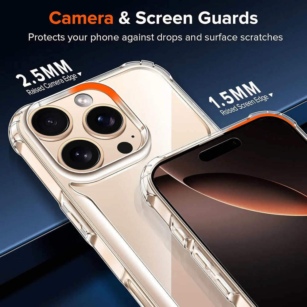 Transparente Hülle aus Kunststoff, Nahaufnahme, zeigt iPhone 16 Pro Max Kamera und Display.