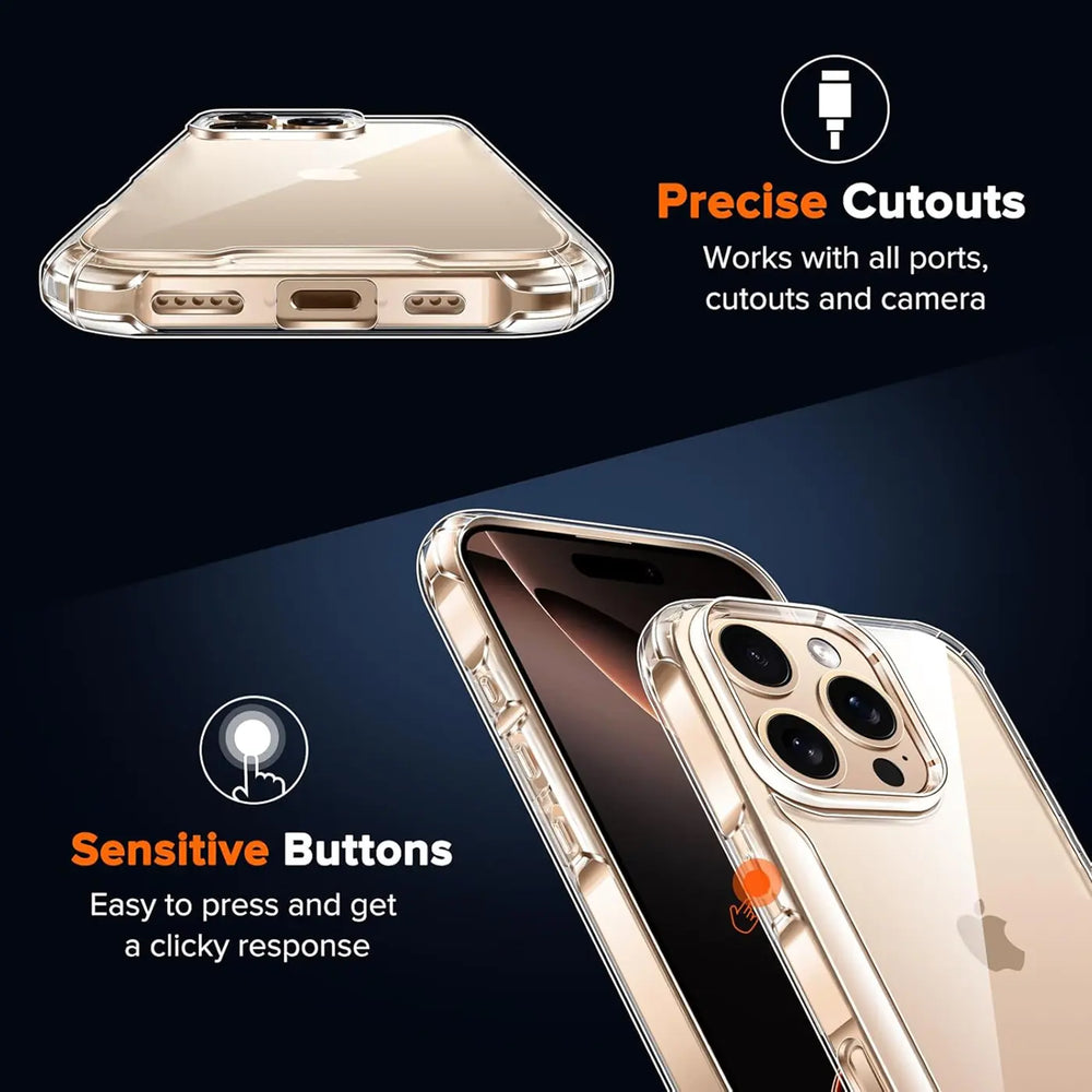Transparente Hülle aus Kunststoff, von unten und schräg gezeigt, mit iPhone 16 Pro Max.