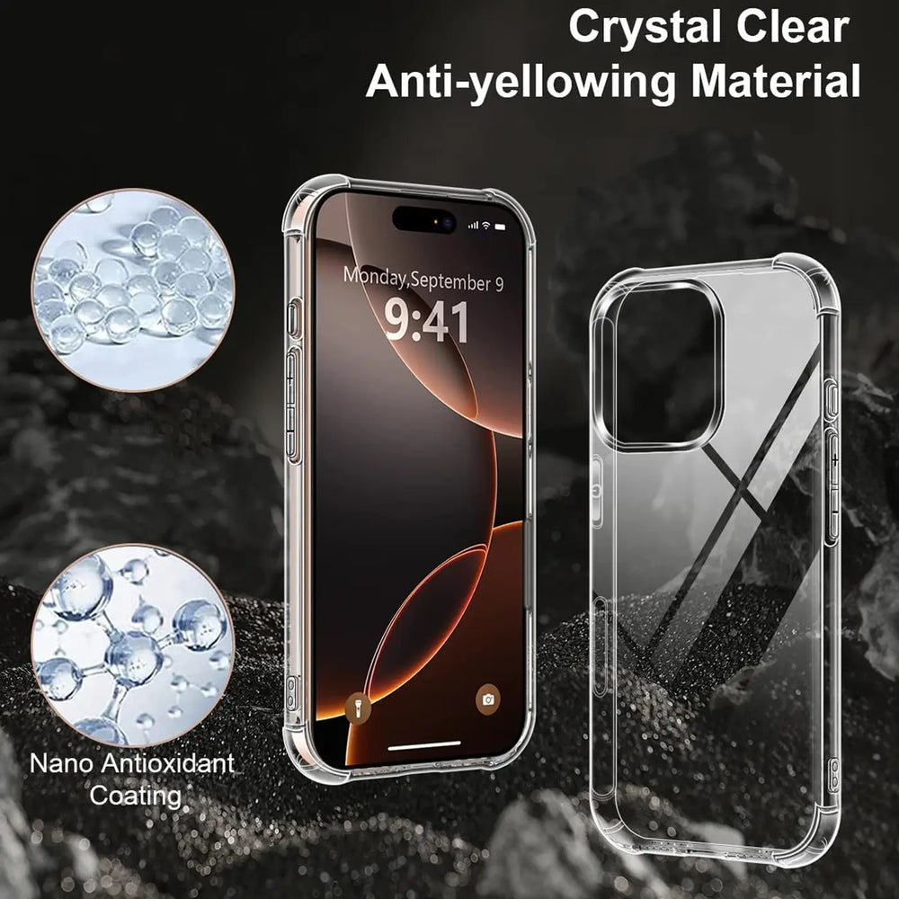 Klar transparente Hülle aus Kunststoff, zeigt iPhone 16 Pro Max von vorne und hinten.