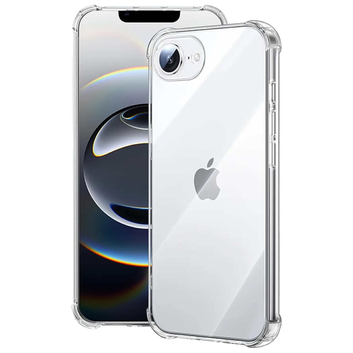 Klar transparente Hülle aus Kunststoff, schützt iPhone 16e, von vorne und hinten gezeigt.