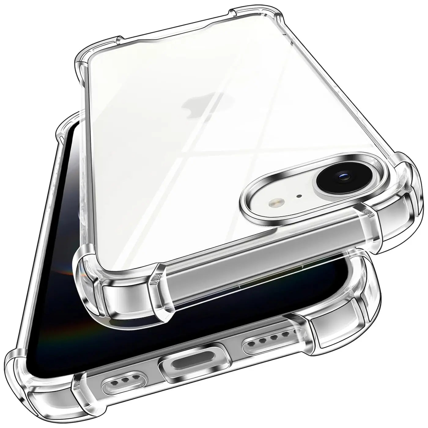 Transparente, stoßfeste Hülle aus Kunststoff mit verstärkten Ecken, zeigt iPhone 16e von schräg unten.