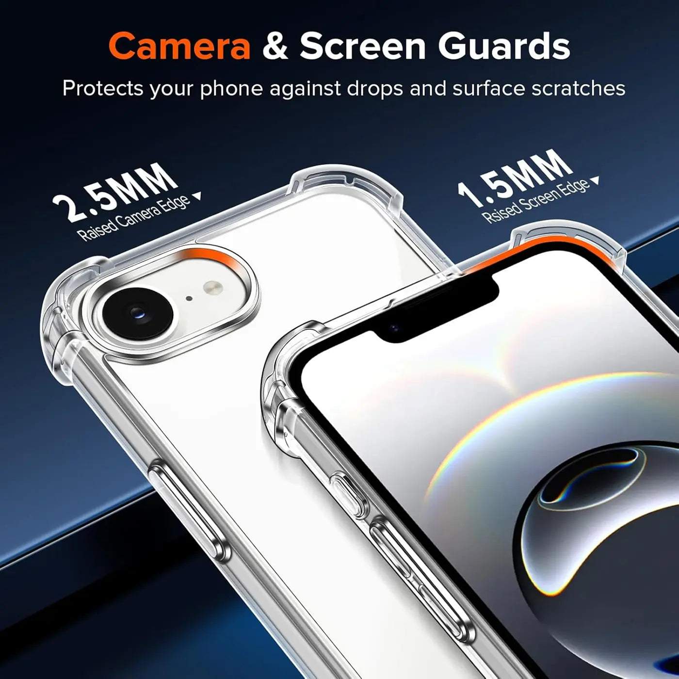 Transparente Hülle aus Kunststoff, Nahaufnahme, zeigt iPhone-Kamera und Bildschirm.