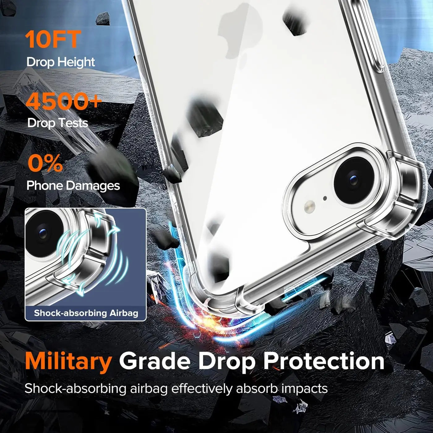 Transparente Hülle aus Kunststoff, Nahaufnahme, iPhone 16e, stoßfest, mit Airbag-Detail.