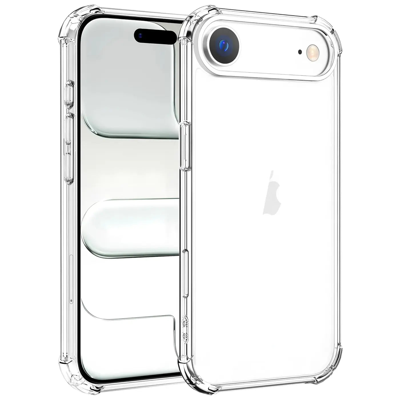 Transparente Hülle aus Kunststoff, Vorder- und Rückansicht, schützt ein iPhone.