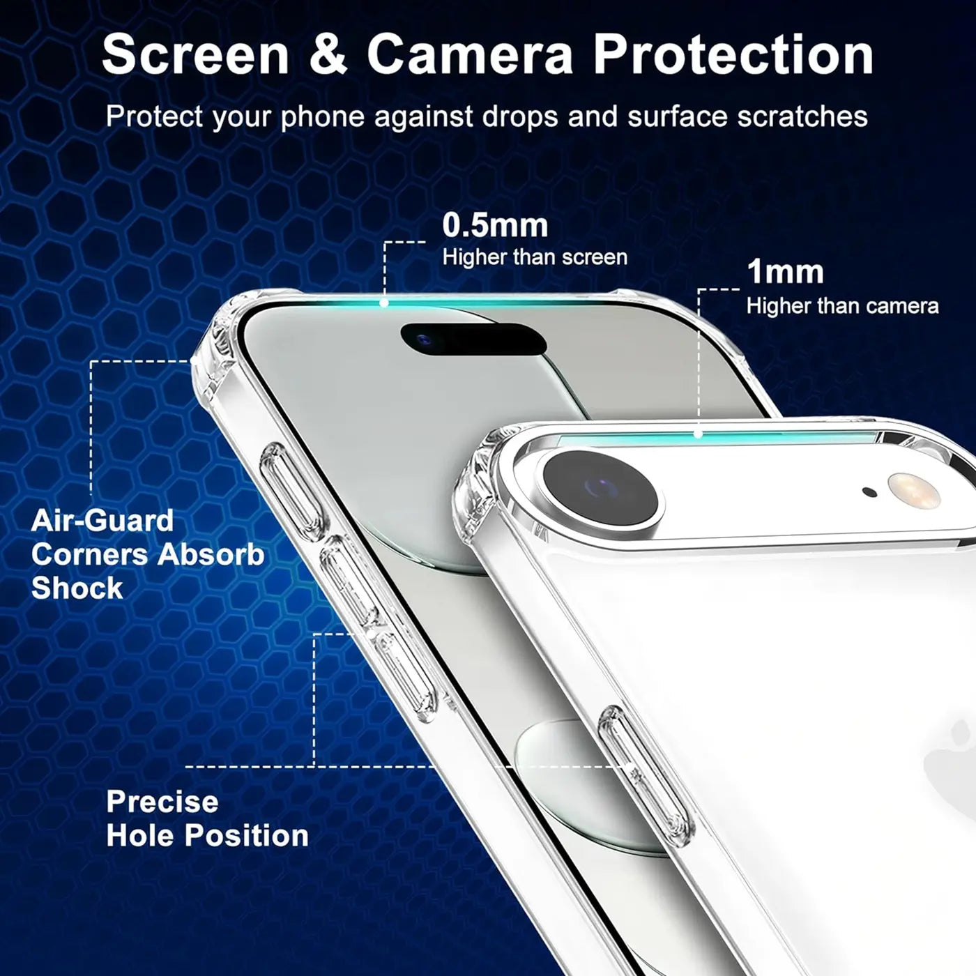 Transparente Hülle aus Kunststoff, Nahaufnahme, zeigt iPhone-Kamera und -Bildschirm.