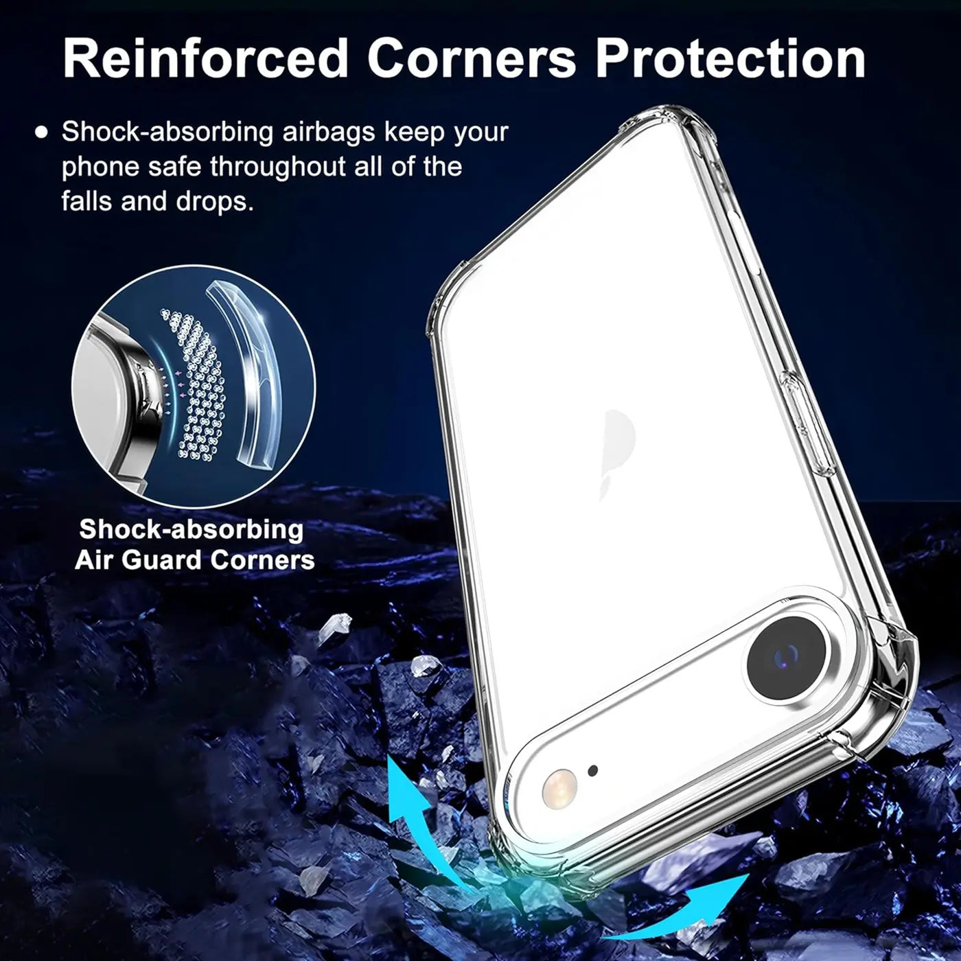 Transparente Hülle aus Kunststoff, von schräg hinten, zeigt iPhone 17 Air mit verstärkten Ecken.