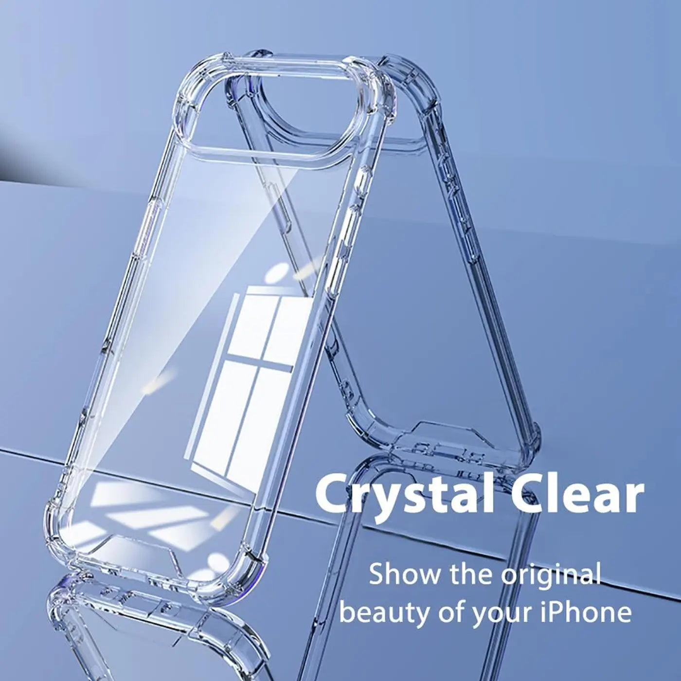 Transparente, stoßfeste Hülle aus Kunststoff, schräg von vorne, für iPhone.
