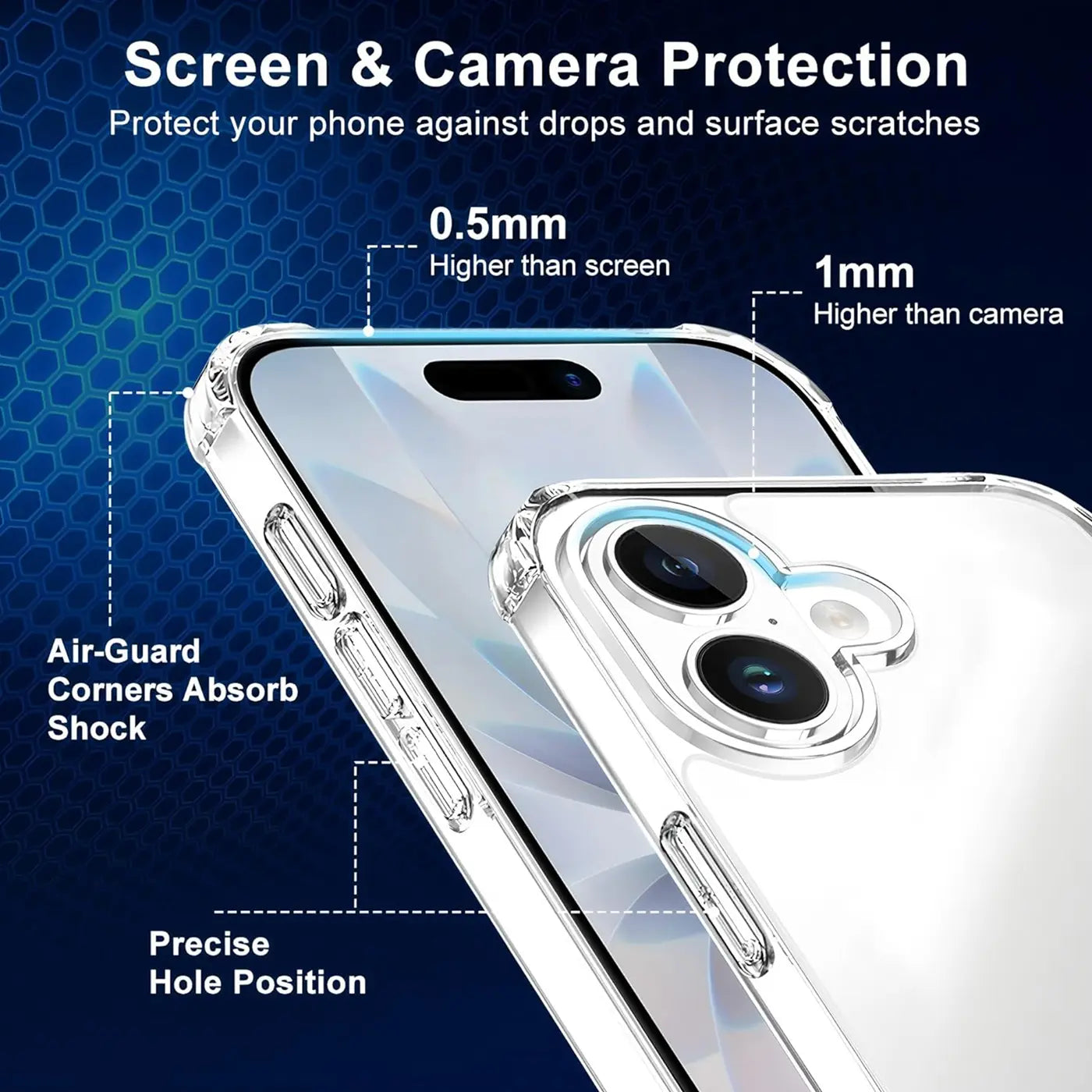 Transparente Hülle aus Kunststoff, Nahaufnahme, zeigt iPhone 14 Pro mit Kamera und Bildschirm.