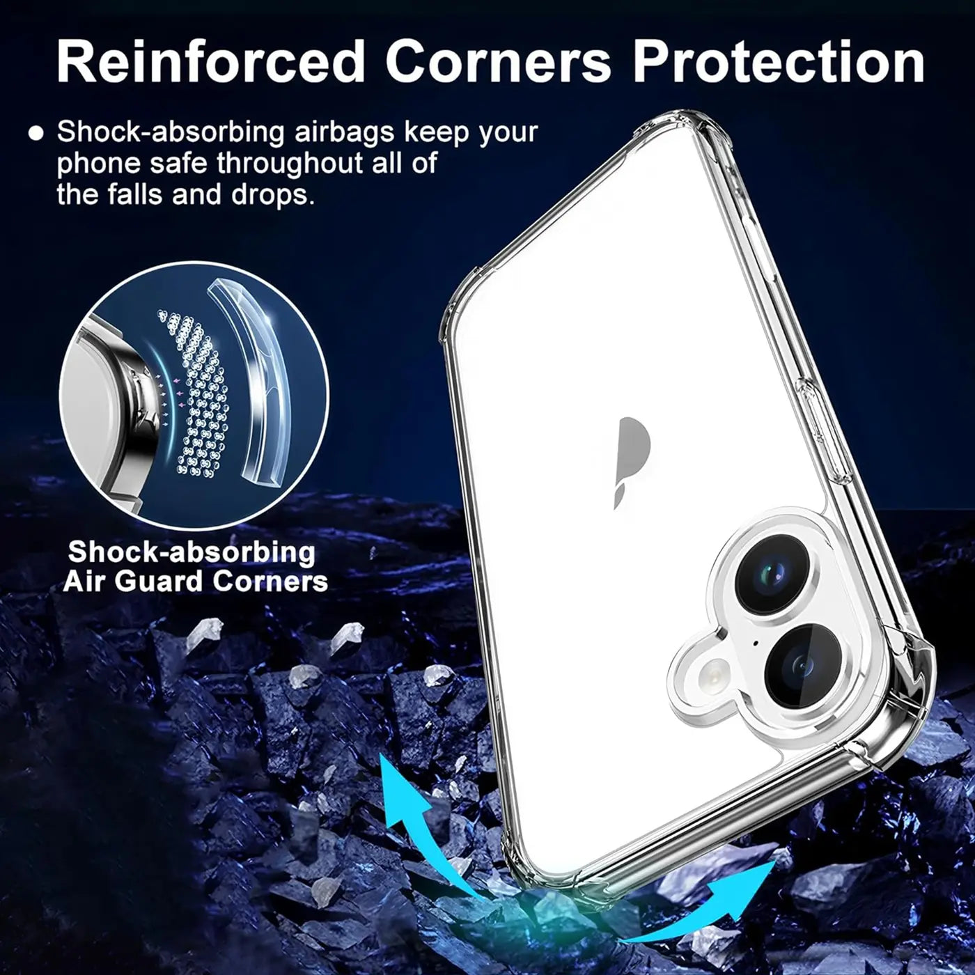 Transparente Hülle aus Kunststoff, von schräg hinten, zeigt iPhone mit Kamera.