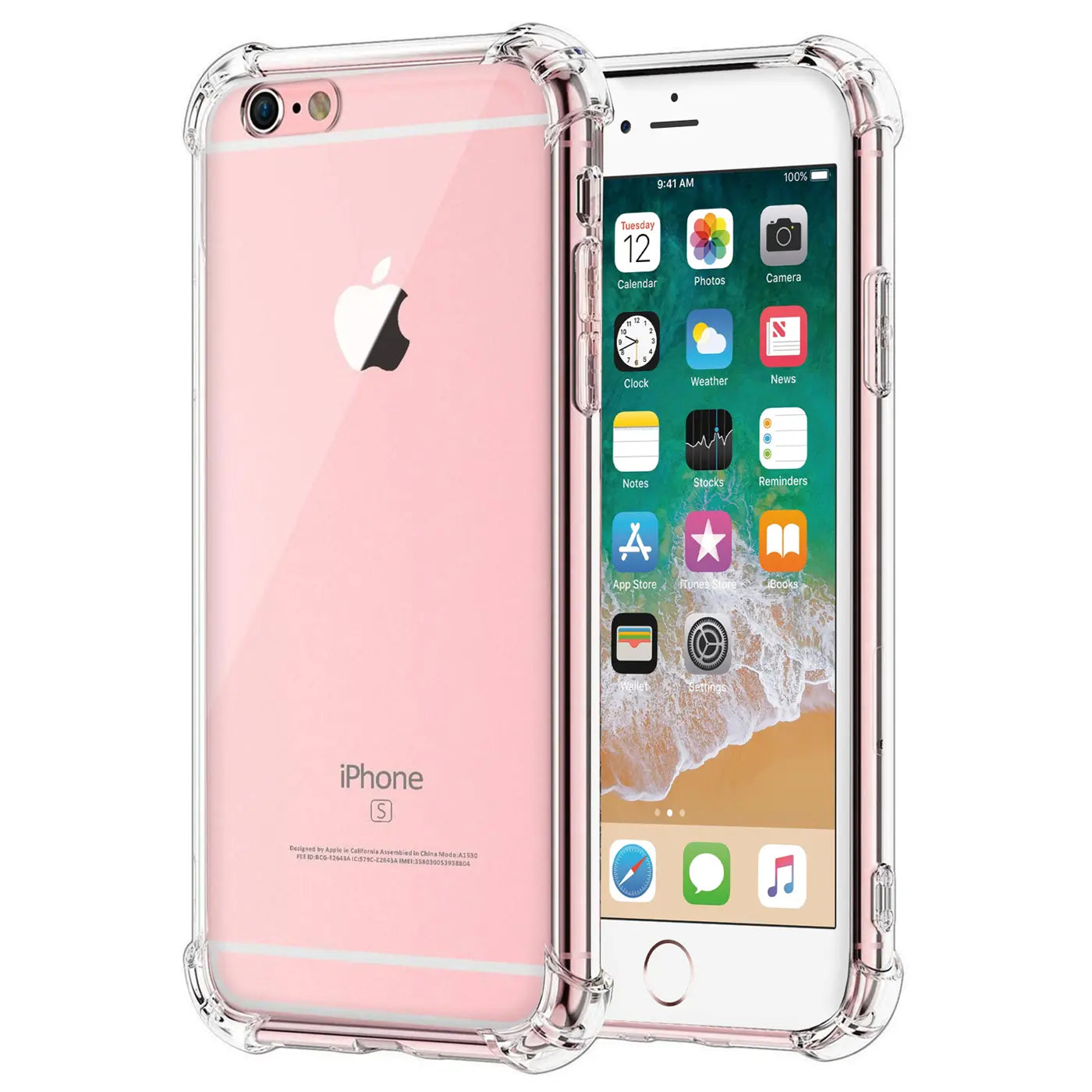 Klar, hier ist der ALT-Text:

Klarer, stoßfester Schutz für ein rosafarbenes iPhone 6S, von vorne und hinten gezeigt.