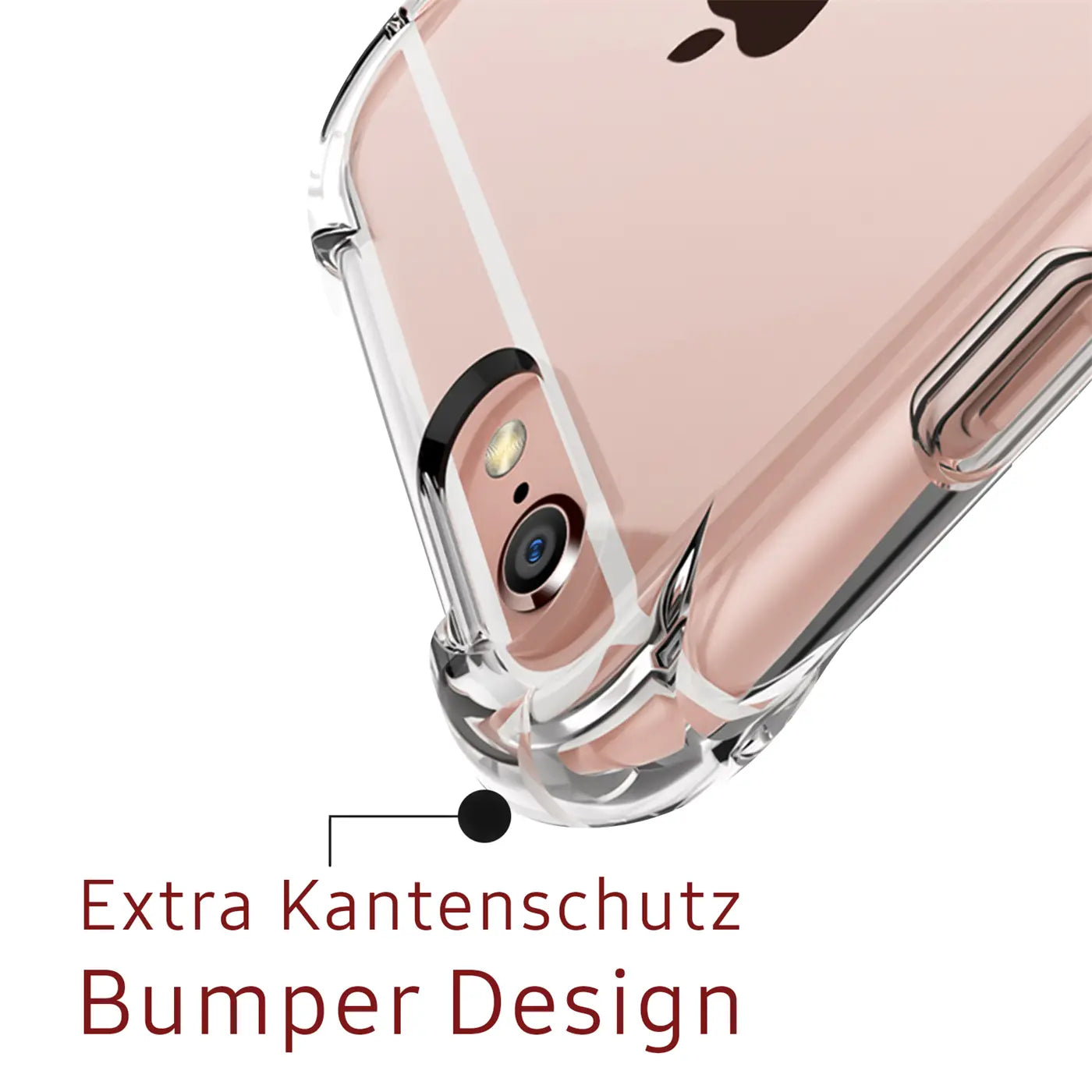 Klar transparente Hülle aus Kunststoff, Nahaufnahme der Rückseite eines iPhone 6/6S mit Kamera.