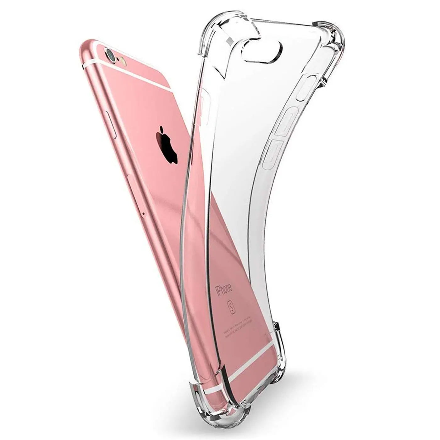 Klar transparente Hülle aus Kunststoff, die ein roségoldenes iPhone 6s Plus/6 Plus umgibt, Seitenansicht.