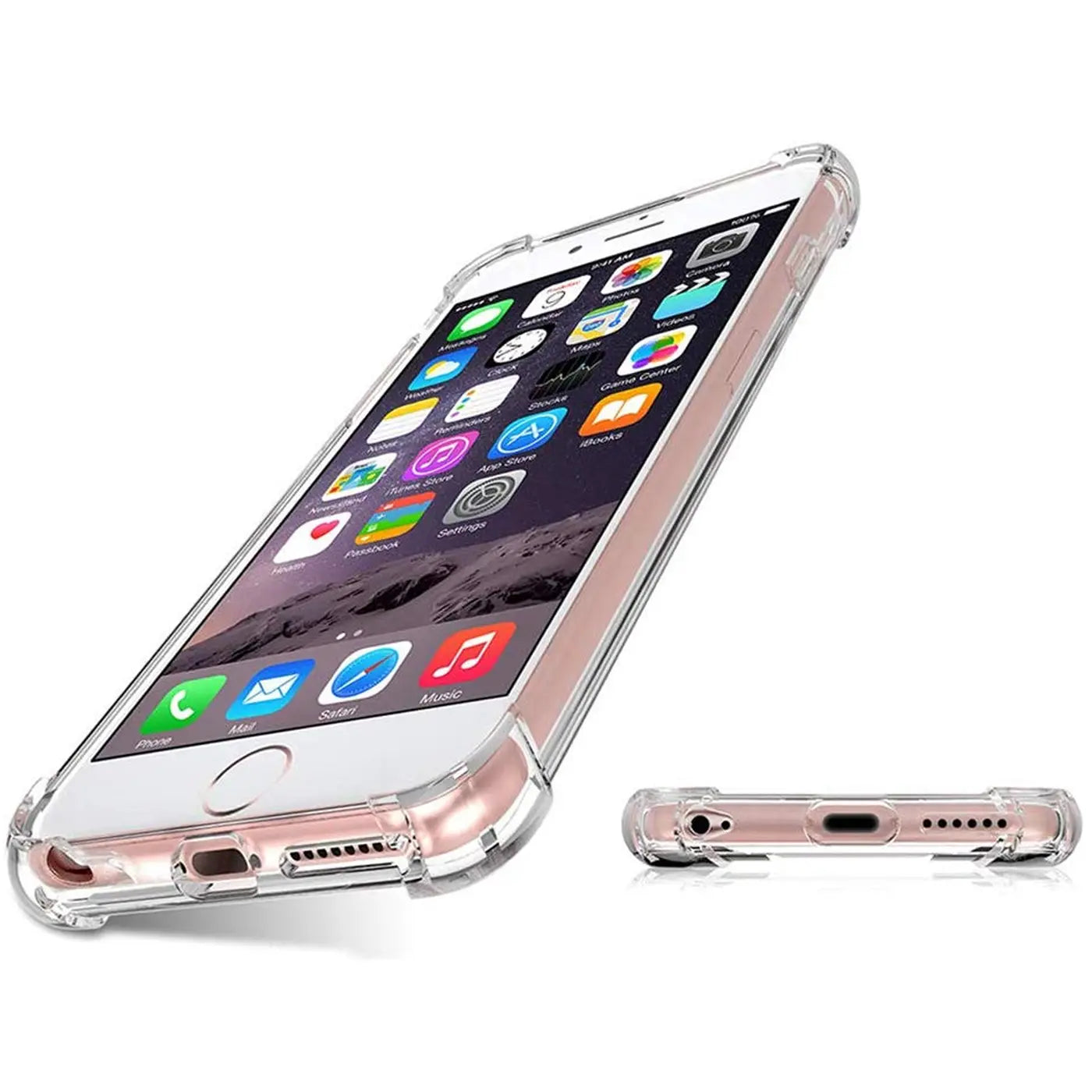 iPhone 6s Plus/6 Plus in klarer Hülle, von schräg unten. Transparentes Material.