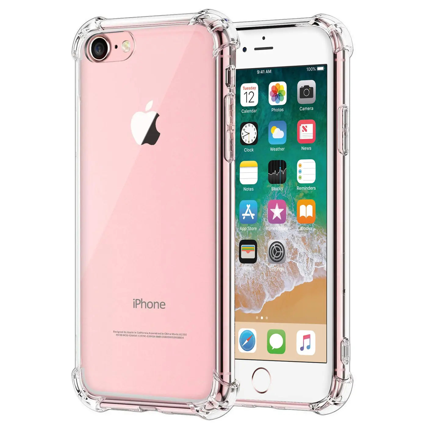 Transparente, stoßfeste Hülle aus Kunststoff, von vorne und hinten gezeigt, mit einem rosa iPhone 7/8/SE.