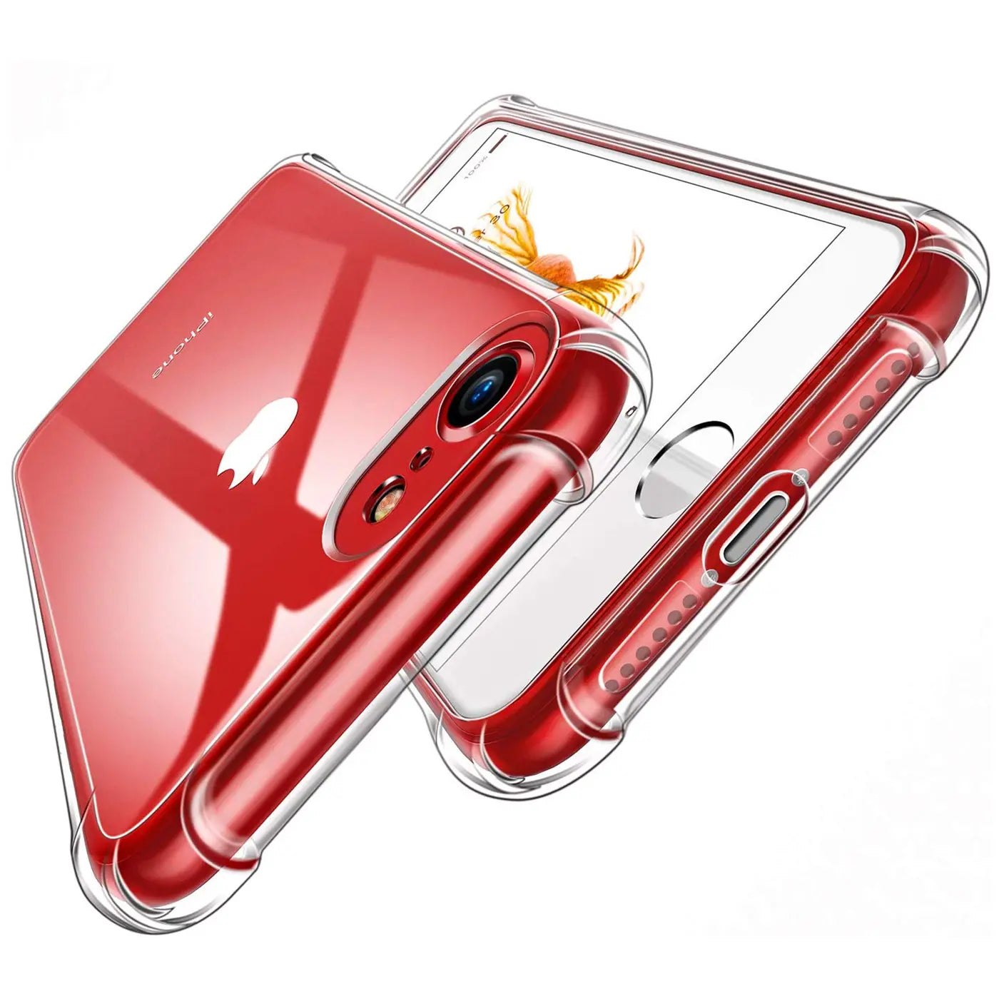 Rotes iPhone 7/8/SE in transparenter Hülle, Seitenansicht.